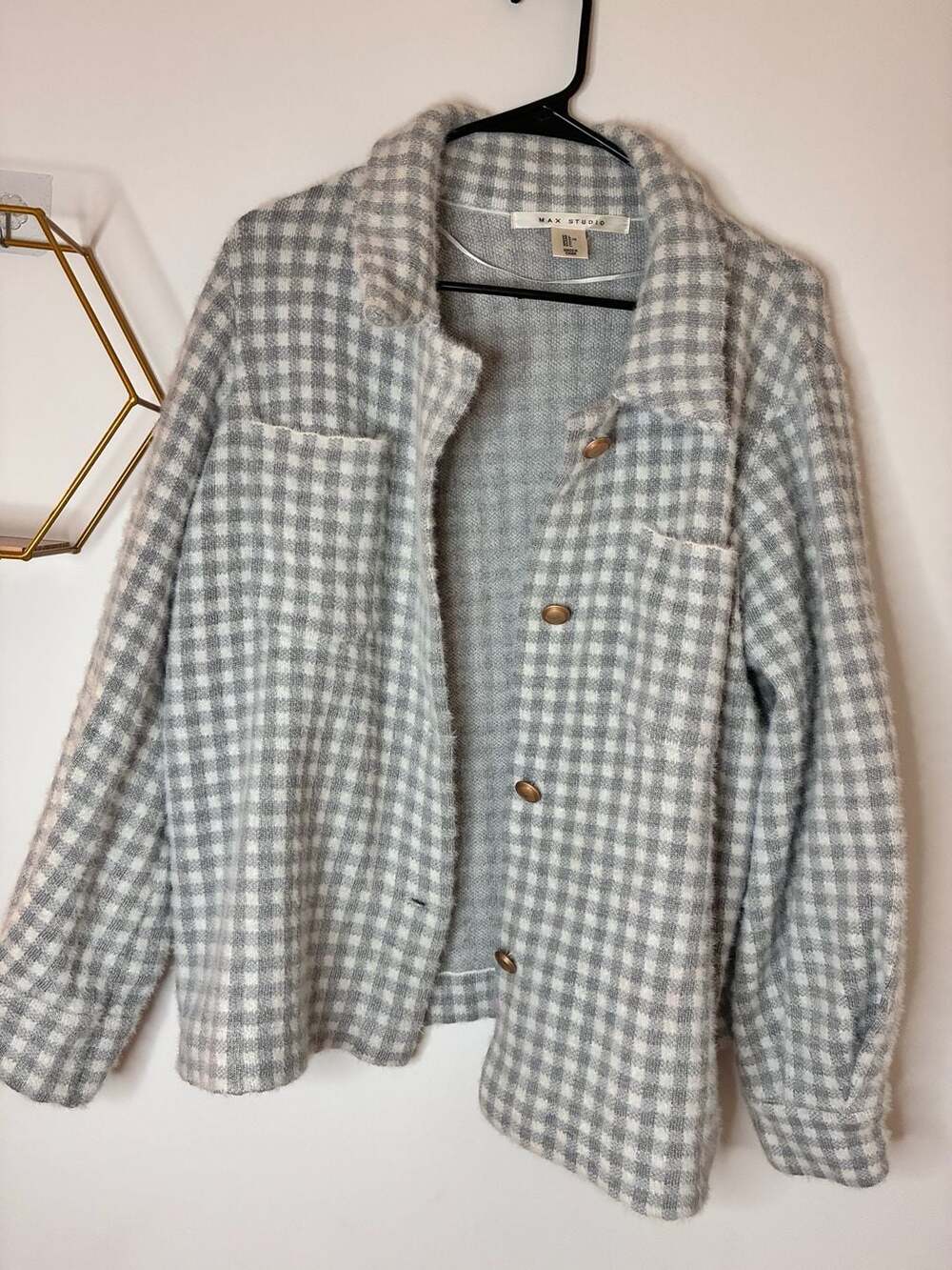 Max Studio Grey White Plaid Button Up Shacket L